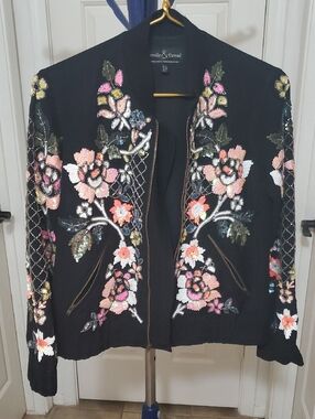 Needle & Thread Black Bomber Jacket with Pink & Coral Floral Embroidery